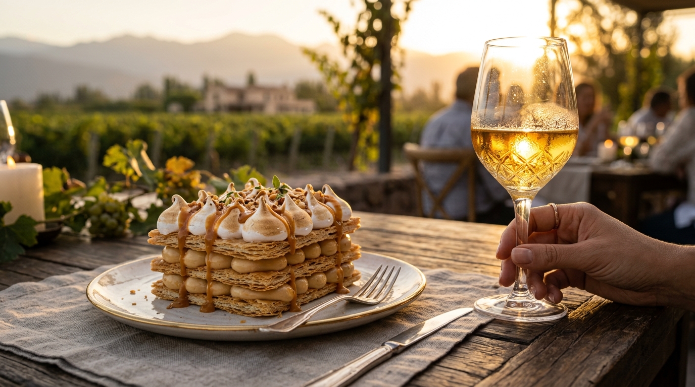 Torta Rogel artesanal con dulce de leche y copa reluciente de Torrontés tardío frente a viñedos en Mendoza
