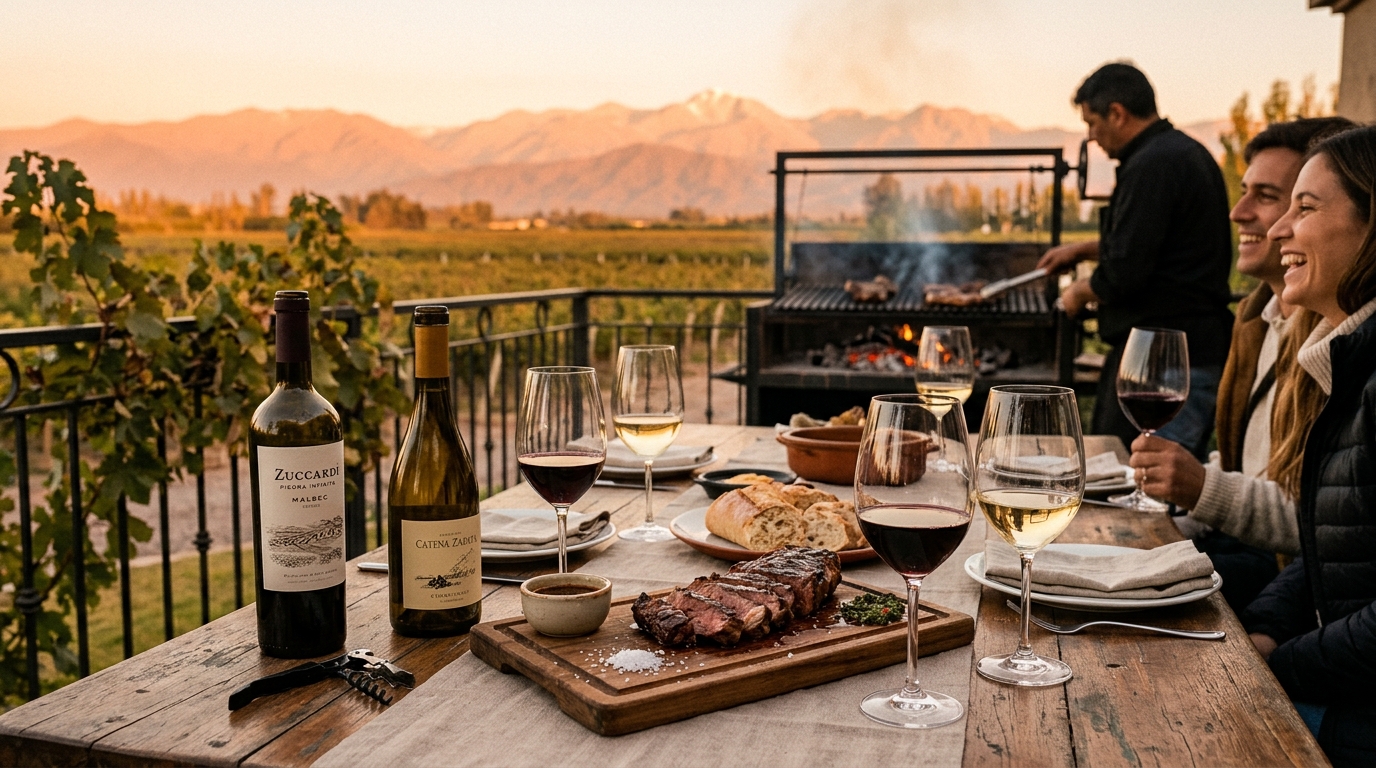 Argentine asado feast with wine bottles and glasses at vineyard sunset