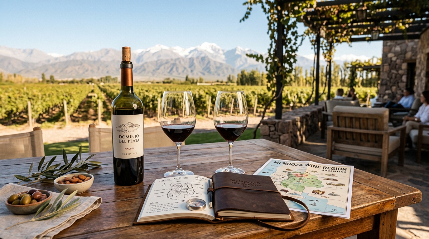 Mesa de planificación de visitas a bodegas con copas de vino y mapa en Mendoza