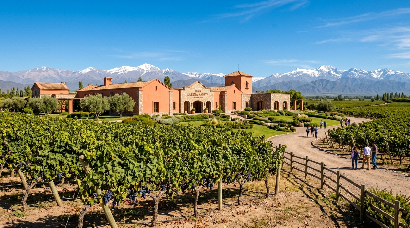 Historic Luján de Cuyo estate vineyard with Andes background in Mendoza