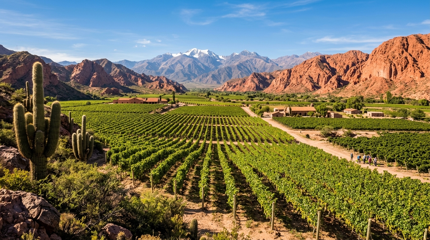 Cafayate high-altitude vineyards surrounded by red canyon mountains in Salta