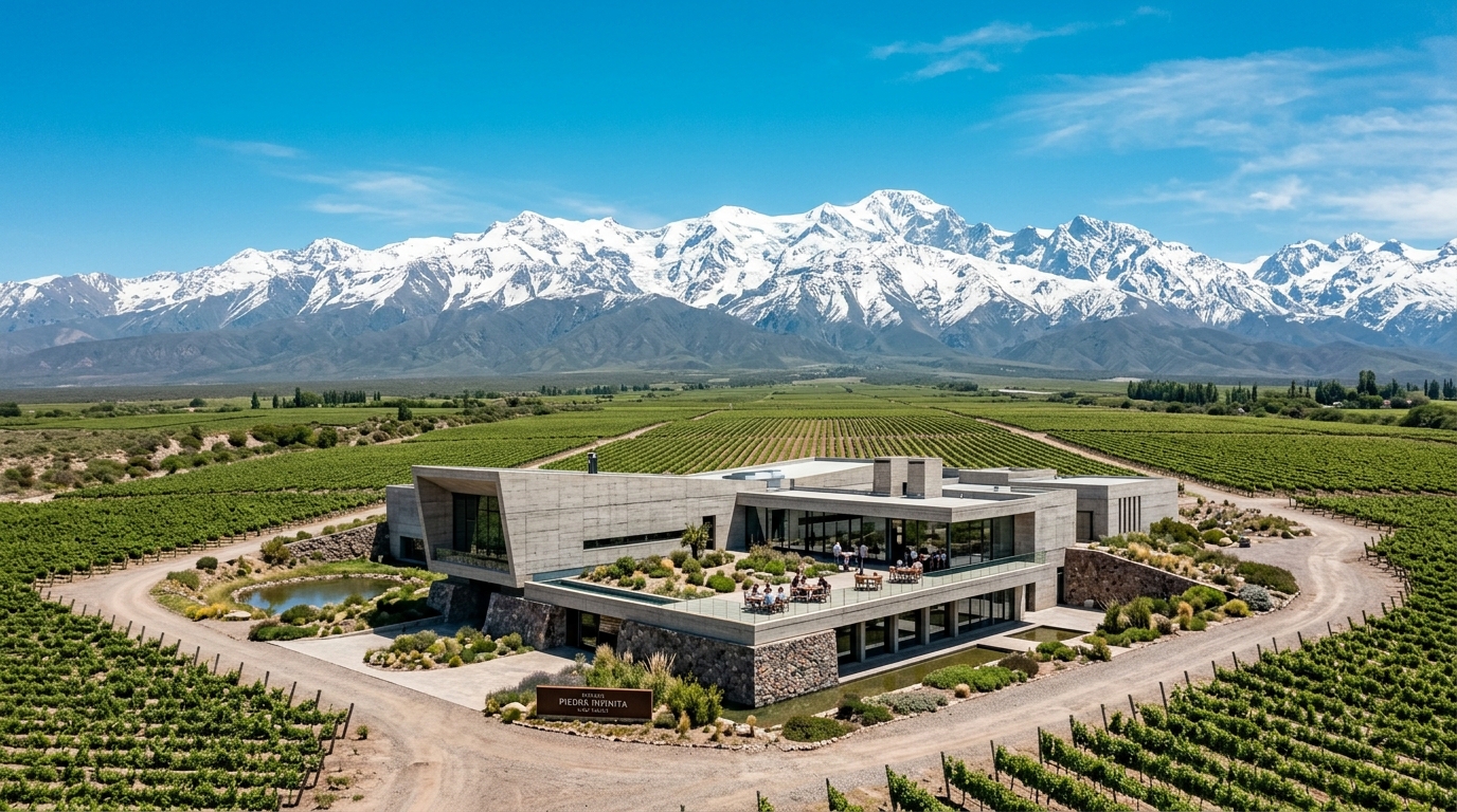 Bodega Zuccardi Piedra Infinita y Cordillera de los Andes nevada en Valle de Uco