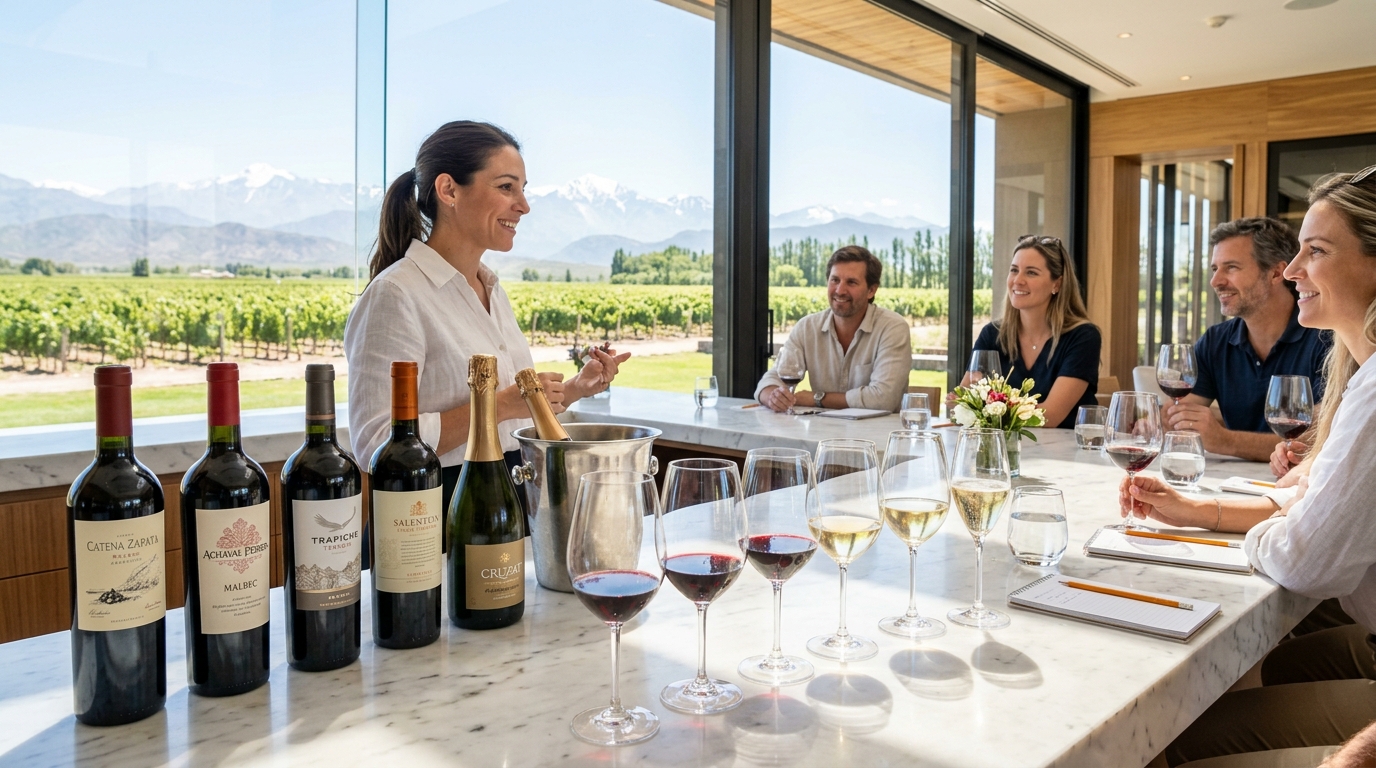 Sun-drenched luxury sommelier masterclass in Mendoza with opened wine bottles and Andes vineyard view