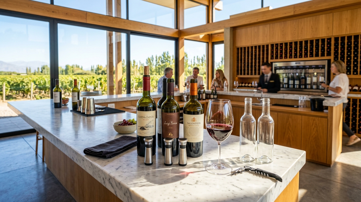 Bright sunlit sommelier wine preservation setup with Malbec bottles and vacuum stoppers