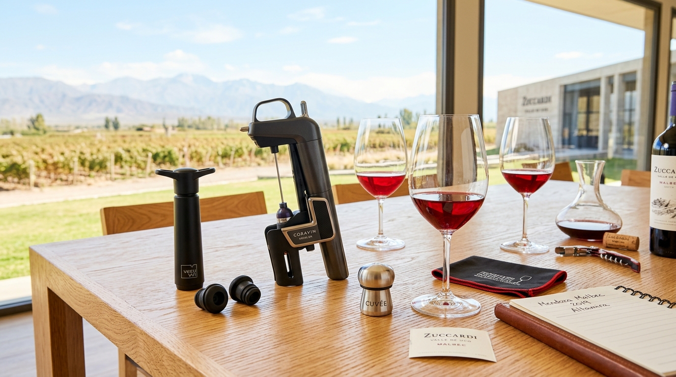 Bright sunlit sommelier table with Coravin, Vacu Vin pump, champagne stopper and Argentine wine