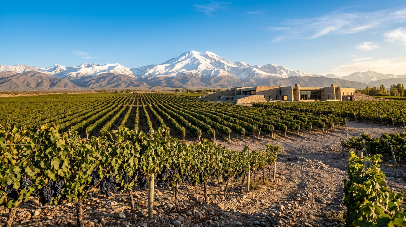 Luxury Mendoza wine lodge with swimming pool overlooking high-altitude vineyards and snowcapped Andes mountains