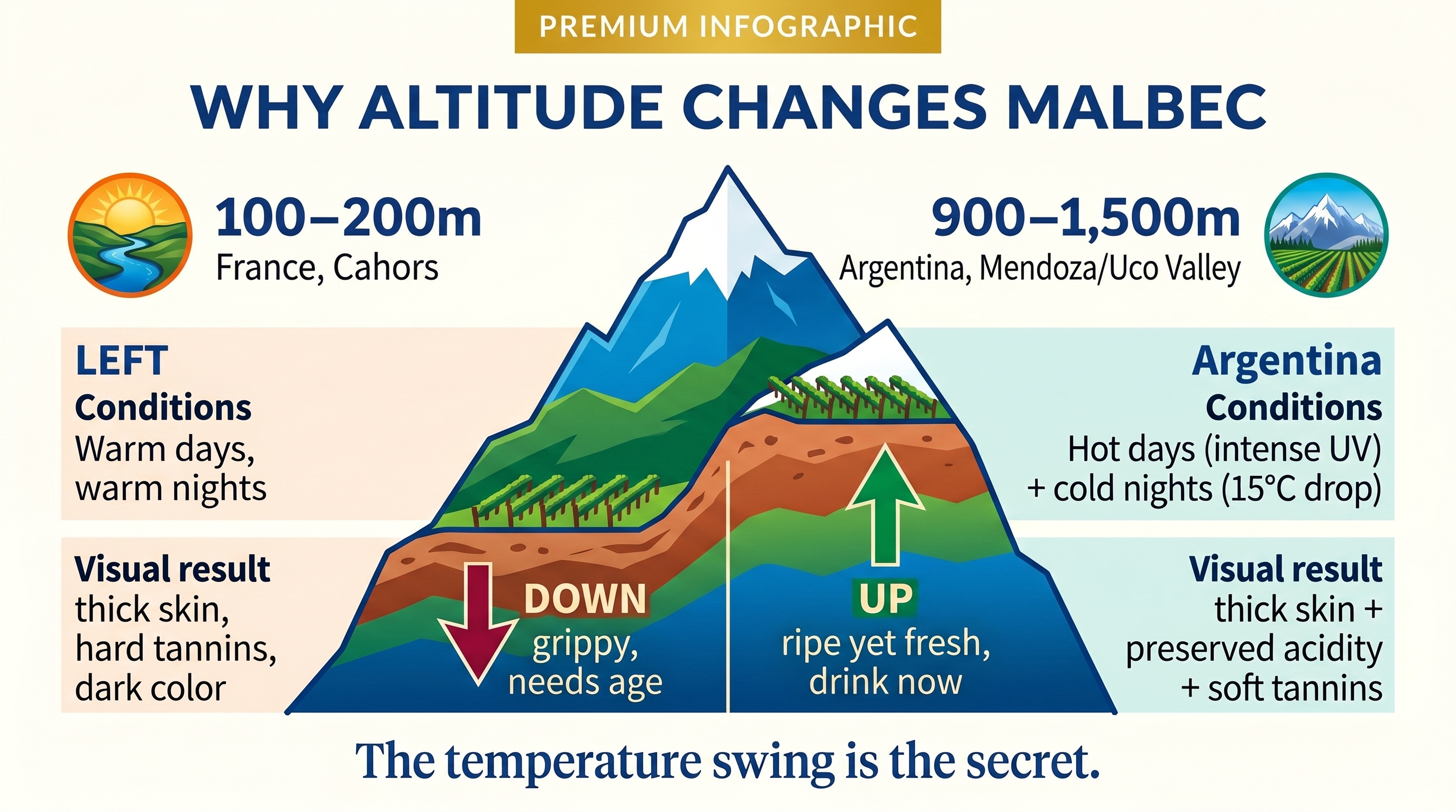 Why altitude changes Malbec — infographic comparing France (100–200m) vs Argentina (900–1500m)