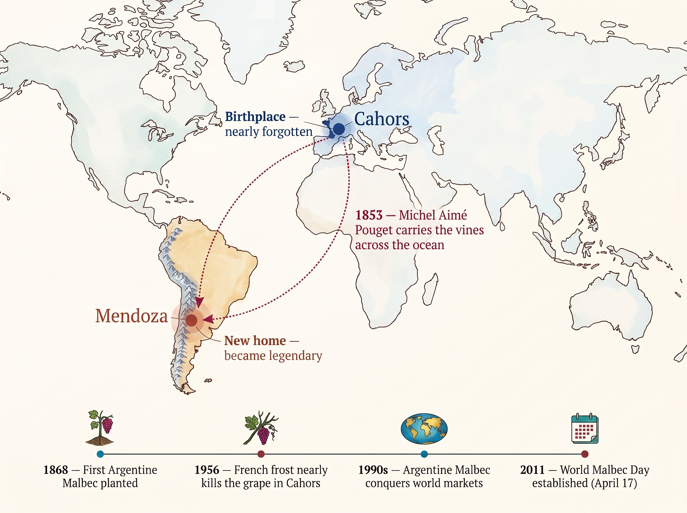 Map showing Malbec's journey from Cahors, France to Mendoza, Argentina in 1853