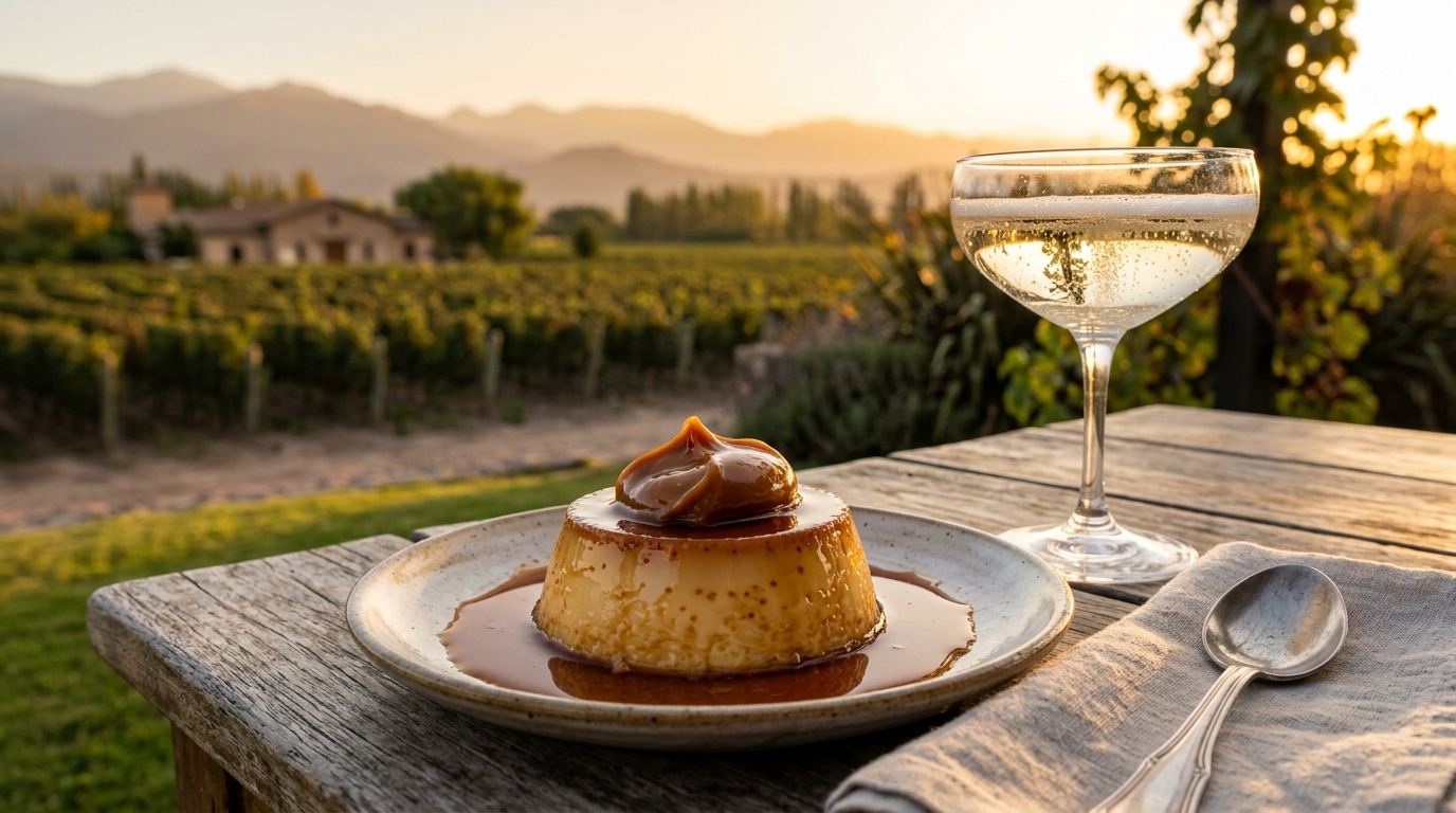 Flan argentino con dulce de leche y copa de vino espumoso