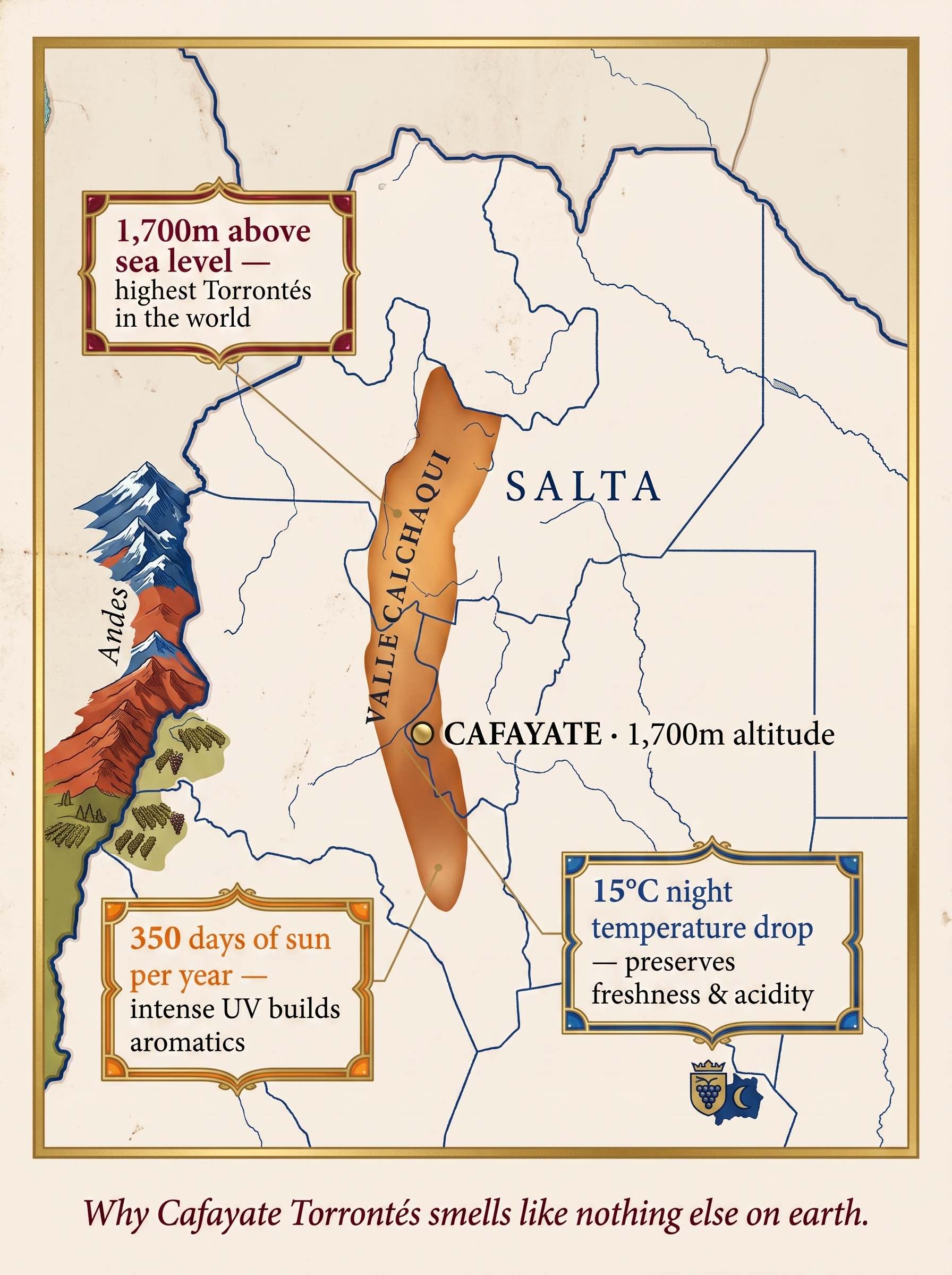 Map of Cafayate in Salta, Argentina — where the best Torrontés grows at 1700m altitude