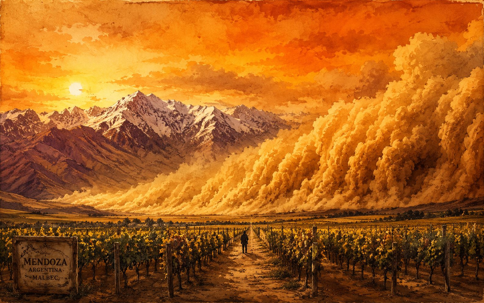 An ochre dust haze rolling off the Andes over Mendoza vineyards